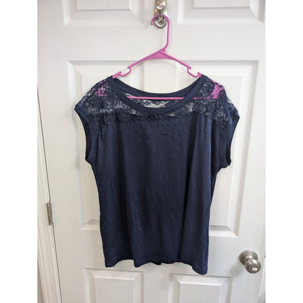 Grace Elements Lace Yoke Beaded Top Women Navy Blue Pima Cotton NWT - Size XL